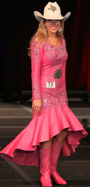 Tianti Carter, Miss Rodeo Texas 2018, in a jade lambskin leather dress